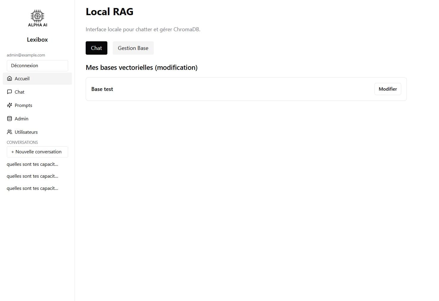 Interface principale de Lexibox